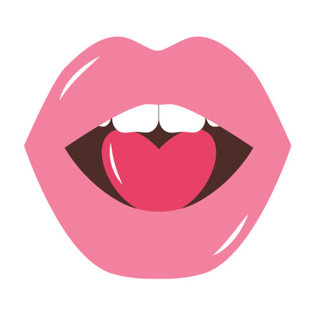 Female lips holding pink heart. Valentine's day romantic clipart. Lipstick makeup icon. Sexy mouth Vector illustration in flat style.のイラスト素材