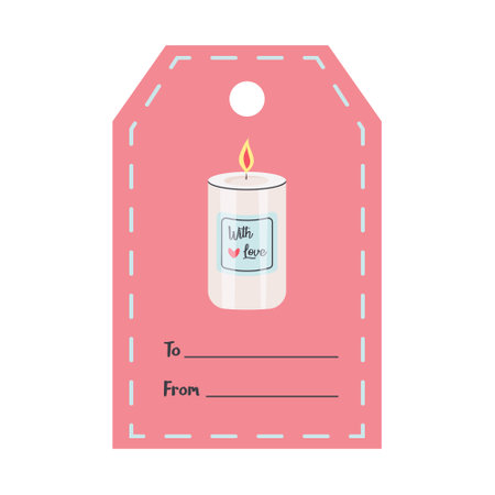 Valentines Day tag with aroma candle. With love lettering. Holiday gift label template.のイラスト素材