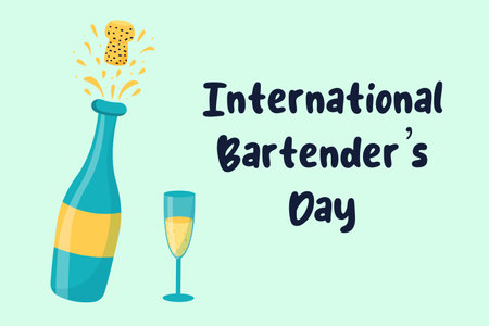 International Bartender's Day. Champagne bottle and wine glass with text description. Holiday template for background, banner, card, poster.のイラスト素材