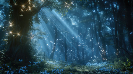 Magical forest with luminous butterflies, blue light and sparkle effects, creating an atmosphere of magic and mystery. Futuristic landscape background.の素材
