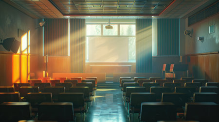 Lecture class desktop background. Room college. Modern college classroom with blank blackboard and window.の素材