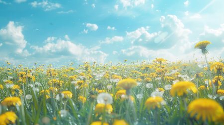 Field of dandelions and blue sky. Summer spring perfect natural landscape. Nature background.の素材