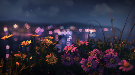 Flowers on night city background. Beautiful bouquet. Bokeh effect. Nature background.の素材