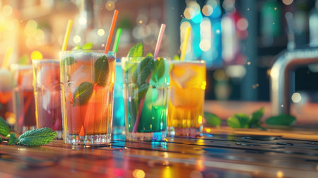 Many colorful drinks with straws and mint leaves on wooden table in bar. Bokeh effect.の素材