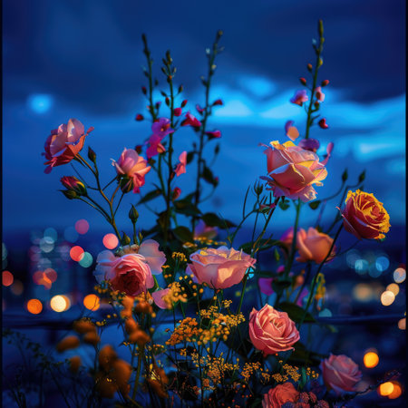 Flowers on night city background. Beautiful roses bouquet. Bokeh effect. Nature background.の素材