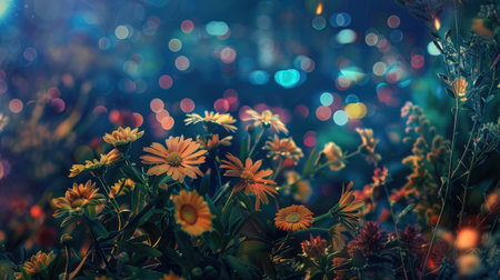 Flowers on night city background. Beautiful bouquet. Bokeh effect. Nature background.の素材