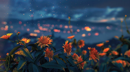 Flowers on night city background. Beautiful bouquet. Bokeh effect. Nature background.の素材