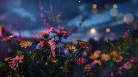 Flowers on night city background. Beautiful bouquet. Bokeh effect. Nature background.の素材