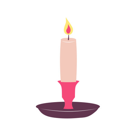 Romantic candle in candlestick. Calm and cozy atmosphere concept. Cartoon flat vector illustration.のイラスト素材