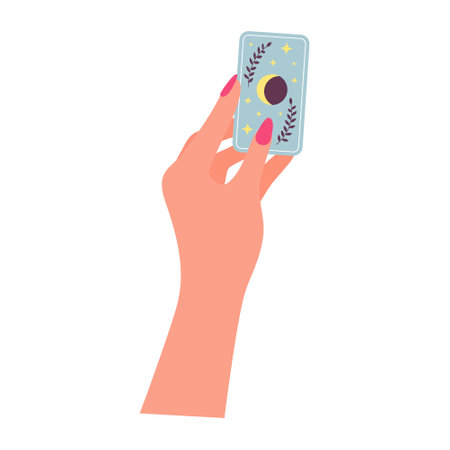 Female hand holds magic tarot card. Esoteric symbol of fortune-telling and prediction. Cartoon flat illustration.のイラスト素材