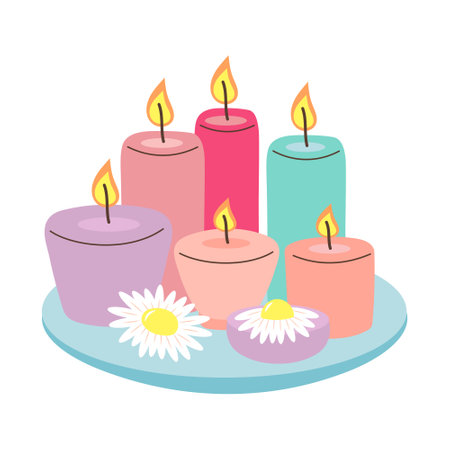 Cozy composition with burning candles. Hand drawn candles with chamomilesのイラスト素材