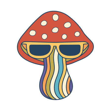 Retro groovy hippie mushroom with sunglasses. Colorful cartoon psychedelic rainbow fly agaric 60s, 70s style. Minimalistic old-fashioned art design...のイラスト素材