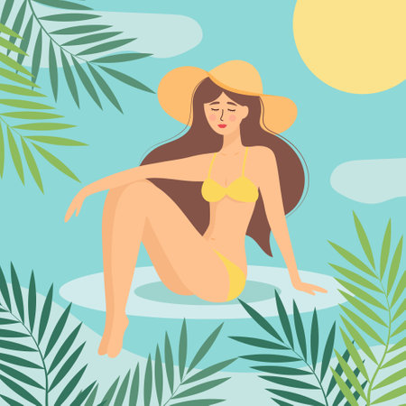 Beautiful girl in swimsuit sitting and sunbathing. Tropical leaves around. Summer poster, banner or card.のイラスト素材