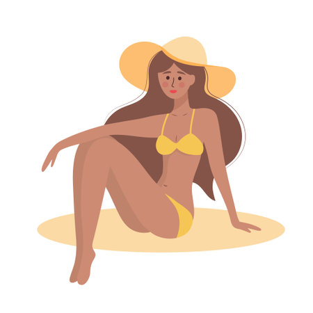 Beautiful tanned girl in swimsuit and hat sitting. Woman relaxing and sunbathing. Summer vacation, holiday, travel, leisureのイラスト素材
