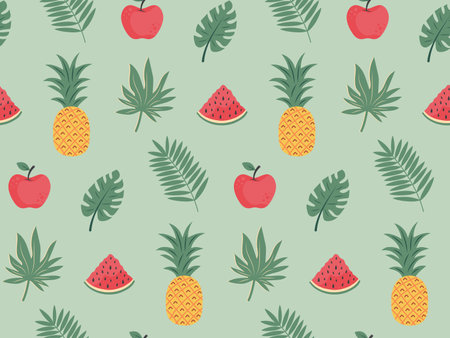 Seamless pattern with tropical leaves, pineapple, watermelon and apple. Exotic floral pattern for...