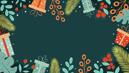 Christmas background with fir branches, gifts, twigs and berries on dark green background. Copy space.のイラスト素材