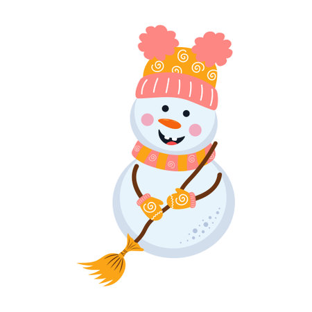 Cute snowman in warm hat, scarf and mittens holding broom. Cartoon winter character. Nursery art scandinavian style.のイラスト素材