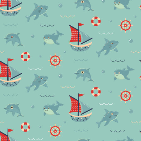 Seamless pattern with sailing ships, dolphin, shark, whale, lifebuoy, steering wheel, waves and bubbles. Cute Marine pattern for fabric, baby clothes, background, textile, wrapping paper. Nursery art style.のイラスト素材