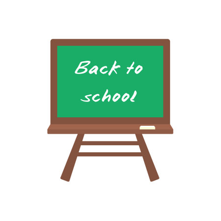 Green chalkboard with wooden frame on legs. School blackboard with chalk and the inscription back to school. Vector illustration isolated on a white background.のイラスト素材