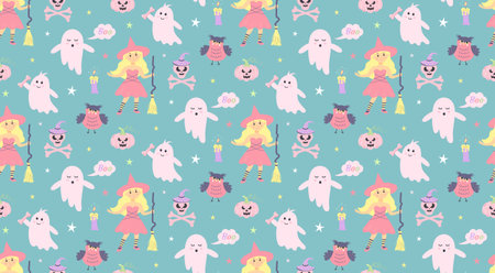 Cute pink ghosts, witch, owl, pumpkin seamless pattern. Halloween baby characters. Magic scary spirits with different emotions. Vector cartoon illustration.のイラスト素材