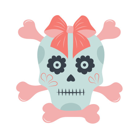 Halloween skull with bones and bow. Cute Mexican skeleton isolated on white background. Day of the dead. Dia muertos dead spooky skull.のイラスト素材