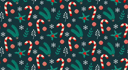 Seamless pattern with candy cane, fir branch, twigs, swirl candies, holly and snowflakes. Merry...