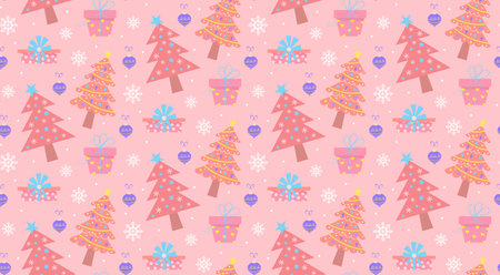 Seamless pattern with Christmas trees, gift boxes, balls and snowflakes on pink background. Merry...