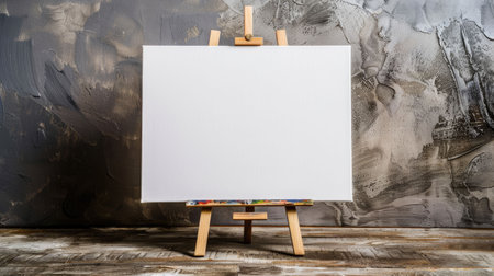 Blank white canvas on a wooden easel, with a minimalist background, ideal for displaying art and graphic work.の素材