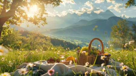 Summer picnic set on a green meadow with a view of mountains in the distance, a cozy blanket spread with a wicker basket full of fresh fruits, drinks and bread.の素材