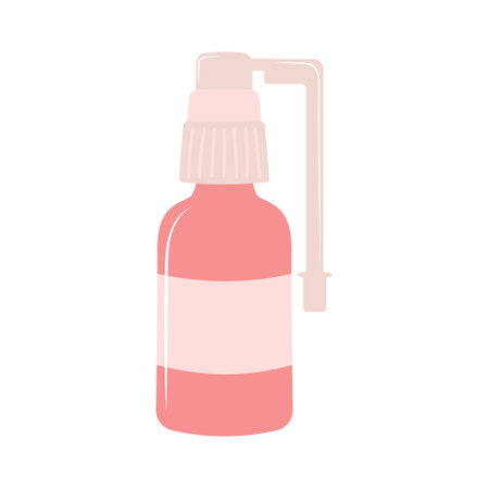 Bottle with medicine throat spray on white background. Aerosol medication container. Drug liquid for flu and allergy treatment. Vector illustration.のイラスト素材