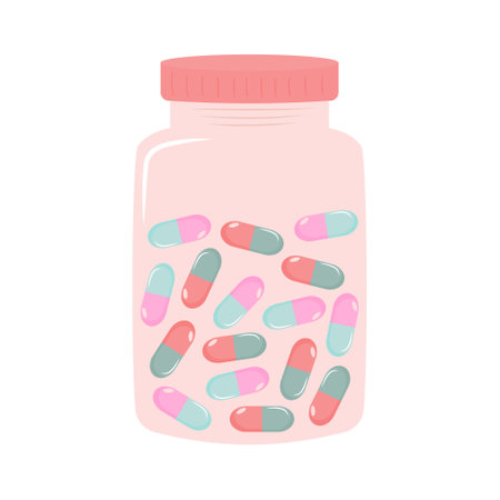 Colored capsules and pills in a glass bottle on white background.のイラスト素材