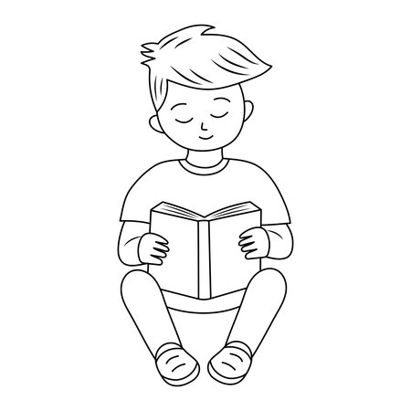 Boy sitting and reading book. Doodle line vector illustrationのイラスト素材