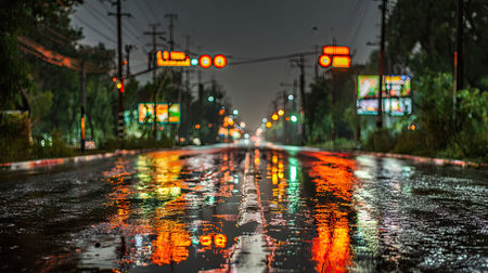Cinematic photo background of wet asphalt at night, glowing neon reflections from signs and traffic lightsの素材