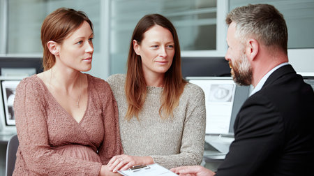 Ð¡ouple of women sitting in a fertility clinic, holding hands tightly, doctor showing them medical documents or embryo imagesの素材