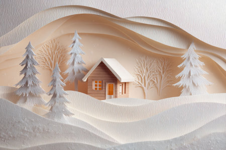 Cozy paper cut illustration of a small cabin nestled among snowy pine trees in a layered winter landscapeの素材