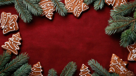 Christmas border of frosted gingerbread cookies and lush fir branches on a textured, deep red backgroundの素材
