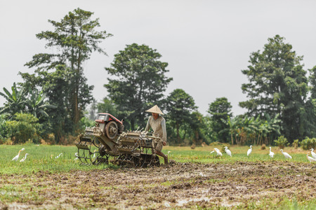man plows the field with big a motor-blockのeditorial素材
