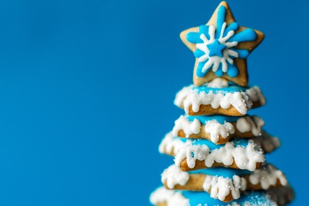 Blue Christmas tree gingerbread cookieの写真素材