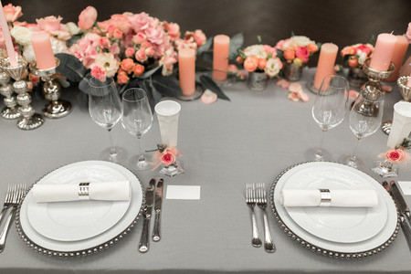 wedding table newlyweds decorated with fresh flowersの写真素材