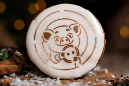 Holiday traditional food bakery. Gingerbread lucky Pig in cozy warm decoration with garland lights.の写真素材