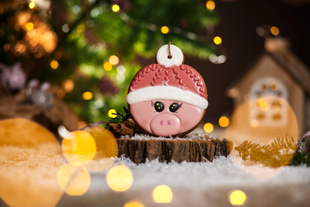 Holiday traditional food bakery. Gingerbread pink pig head in hat in cozy warm decoration with garland lights.の写真素材