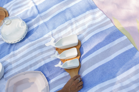 girl with a set of white empty sauceboats on a wooden tray serves a picnic.の写真素材