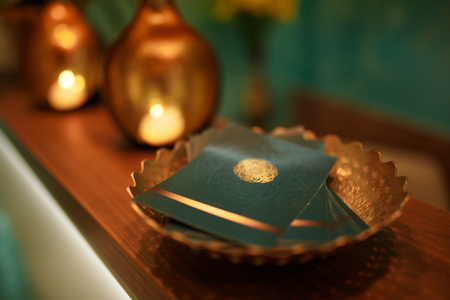 The advertising booklet of yoga classes lies at the reception of the fitness center.の写真素材