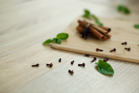 Ingredients for the preparation of a vitamin drink on a wooden platform.の写真素材