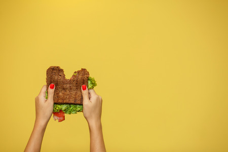woman hands hold bitten sandwich on yellow background. Sandwich promotion conceptの写真素材