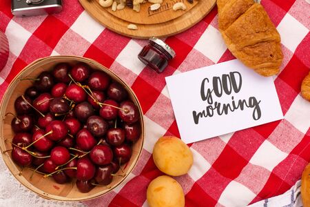Stylish picnic on the green lawn. Fresh croissants and a teapot with tea on a bedspread near a wicker  hat.  content.の写真素材