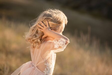 Portrait of a beautiful little princess girl in a pink dress. Posing in a field at sunset.の写真素材