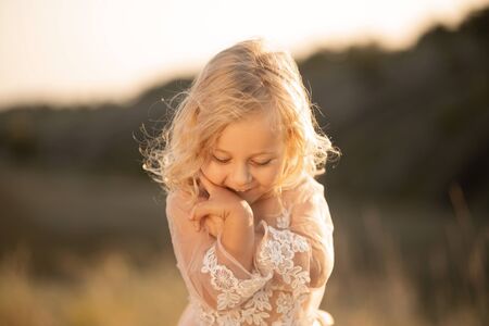 Portrait of a beautiful little princess girl in a pink dress. Posing in a field at sunset.