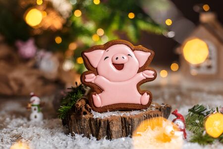 Holiday traditional food bakery. Gingerbread lucky pink pig with 2019 text in cozy warm decoration with garland lights.の写真素材
