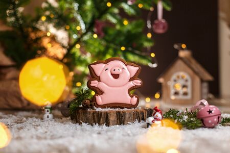 Holiday traditional food bakery. Gingerbread lucky pink pig with 2019 text in cozy warm decoration with garland lights.の写真素材